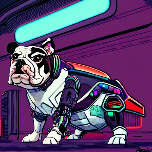 Prompt: « a comic styled cyborg bulldog sitting down, cyberpunk digital art by greg rutkowsky, illustration, colourful, sharp focus, highly detailed, future tech, sketchfab »