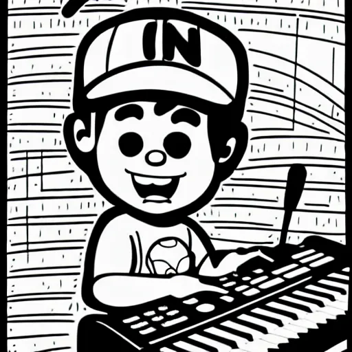 Image similar to cartoon line drawing illustration, in fine detail, of a kid, wearing a backwards baseball cap, playing a Korg MS-20 synthesizer, in the style of The Beano, pen and ink, black and white, long shot, white background, graffiti marker, graffiti character, 90s cartoon