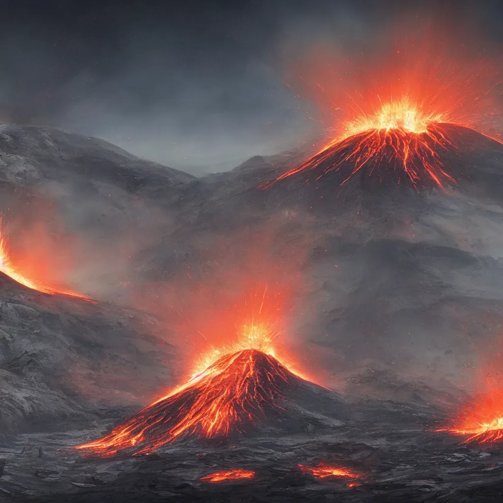 Image similar to volcano eruption on alien planet, 4 k, epic, detailed, concept art by jonathan guzi