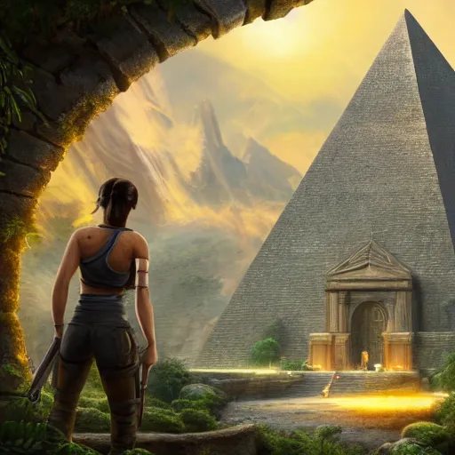 Prompt: magical ancient pyramid, gold, treasure, lara croft charater, realistic illustration, pyramid surrounded with greenery, illustrations, 3 d render, illustrated, incredible details, highly detailed, photorealistic, disney pixar, octane render, iridescent, anime, 8 k