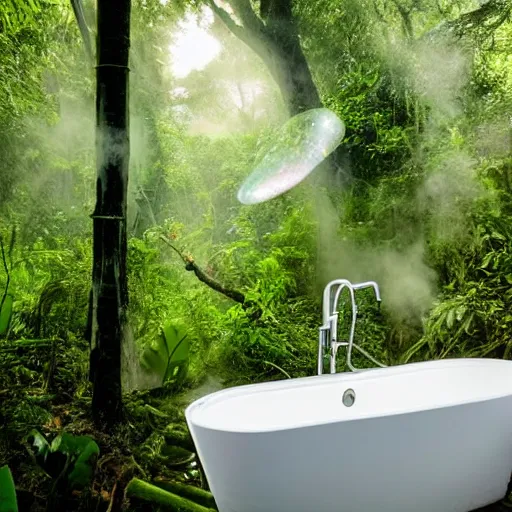 Image similar to pristine bath filled with bubbles in a clearfelled jungle, slash and burn