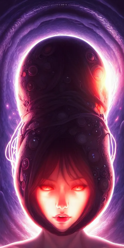 Image similar to azathoth girl save the earth, occlusion shadow, specular reflection, rim light, unreal engine, artgerm, artstation, art by hiroaki samura and ilya kuvshinov and ossdraws, intricate, highly detailed 8 k, cosmic horror illustration, extremely beautiful and aesthetic shape of face and body, movie poster