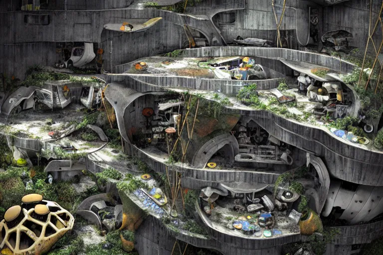 Image similar to favela bunker spaceship disco hive, brutalist fungus environment, industrial factory, whimsical, award winning art, epic dreamlike fantasy landscape, ultra realistic,