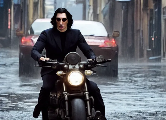 Prompt: first official image from bond 2 6, starring adam driver as agent 0 0 7, riding a shark through the streets of valparaiso, chile in heavy rain. directed by alejandro inarritu. stunning cinematography, kodak vision 2 0 0 t, high contrast, anamorphic lens, chromatic aberration.