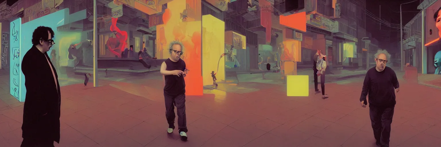 Prompt: weird and disturbing portrait of todd solondz running scared in the streets of tel aviv, vivid colors, neon, art by gregory crewdson and francis bacon and artgerm and wlop and william - adolphe bouguereau