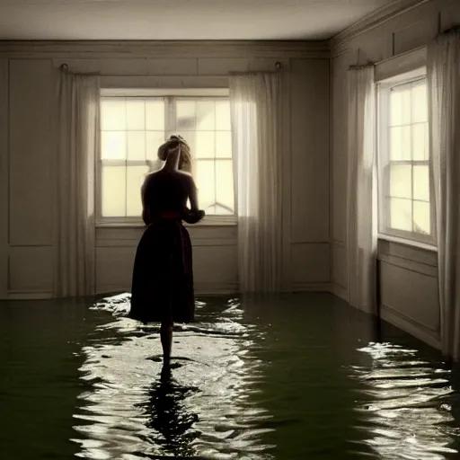 Prompt: octane render of Elle Fanning in a flooded house interior, by Edward Hopper and Andrew Wyeth, extremely detailed masterpiece