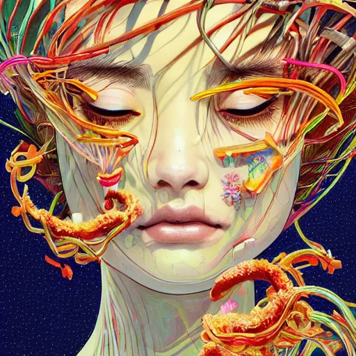 Prompt: the face of a ridiculously beautiful and pretty japanese girl partially made of onion rings of all colors looking down, an ultrafine detailed illustration by james jean, final fantasy, intricate linework, bright colors, behance contest winner, vanitas, angular, altermodern, unreal engine 5 highly rendered, global illumination, radiant light, detailed and intricate environment