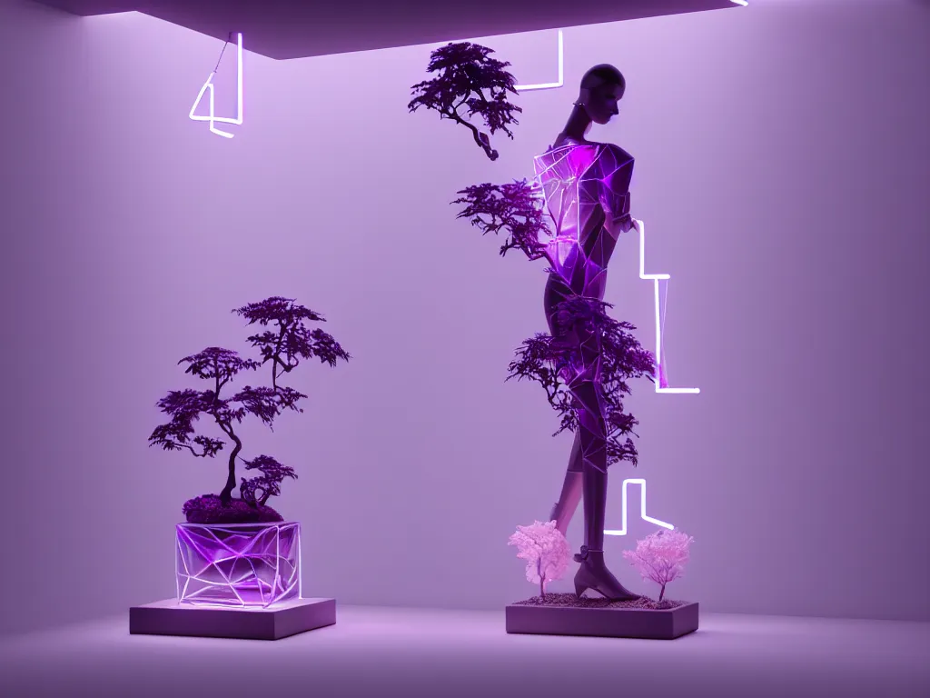 Image similar to beautiful mannequin sculpted out of amethyst by billelis + lit with geometric neon + iridescent geometric cubed bonsai plants!!!!, doorway opening with neon pink geometric light, clean linework, dramatic, finely detailed, rule of thirds, moody, award winning, 4 k, trending on artstation, photorealistic, volumetric lighting, octane render