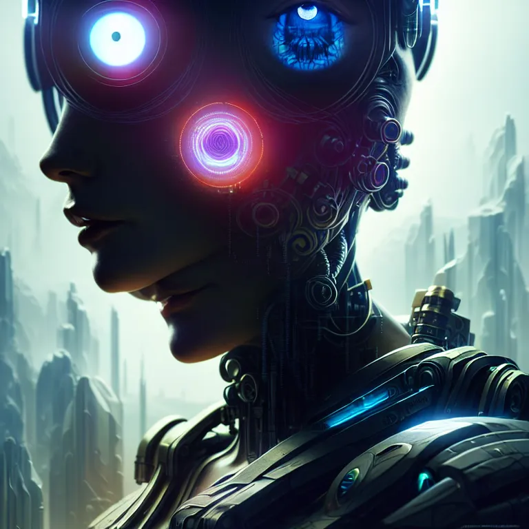 Prompt: ultra realistic beautiful cyborg deity eyes closed, scifi, cyberpunk, fantasy, intricate details, movie still, highly detailed, photorealistic, octane render, eerie, 8k, art by artgerm and michael welan and greg rutkowski