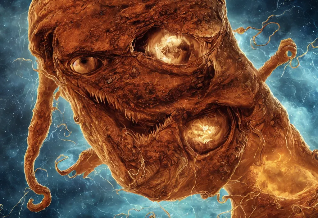 Image similar to eldritch horror bloody garfield in space, hd, 8 k, giant, epic, realistic photo, unreal engine, prophecy, powerful, cinematic lighting, destroyed planet, debris, violent, sinister, ray tracing, dynamic, epic composition, dark, horrific, teeth, grotesque, monochrome drawing, hellscape, corpses, foreboding, lightning, garfield cartoon eyes