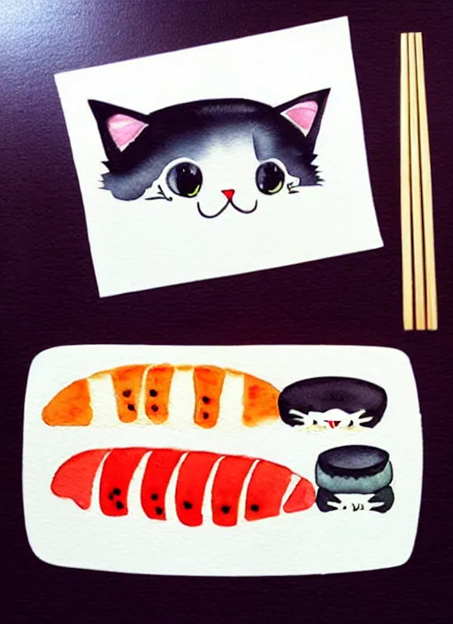 Prompt: cute cats and sushi watercolour