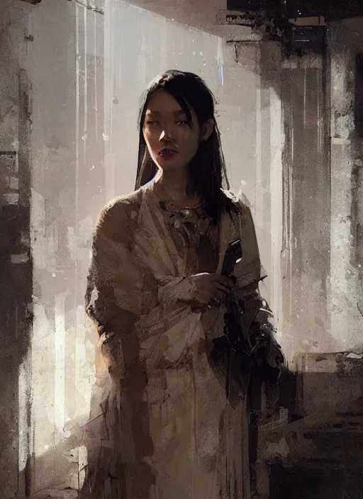 Prompt: female geshia girl, beautiful face, rule of thirds, intricate outfit, spotlight, digital painting, by greg rutkowski, by jeremy mann,