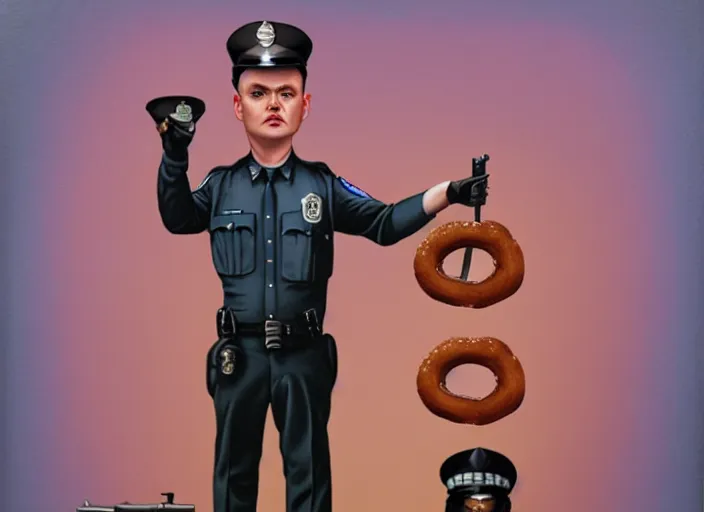 Image similar to a police officer with donut body, lowbrow, matte painting, 3 - d highly detailed, in the style of mark ryden,