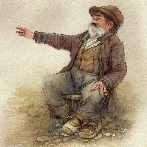 Image similar to !dream a muted color watercolor sketch of a little person poor old man story book character ifrom the book Baltimore & Redingote by Jean-Baptiste Monge of an old man in the style of by Jean-Baptiste Monge that looks like its by Jean-Baptiste Monge and refencing Jean-Baptiste Monge