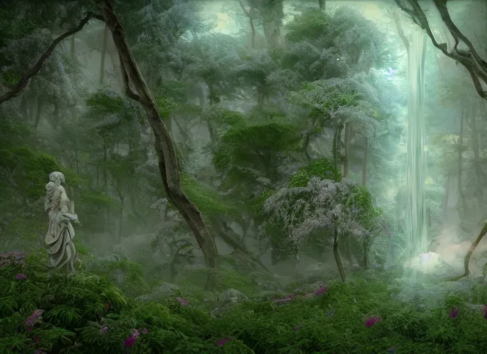 Image similar to idealistic marble statues with fractal flowery hair, seen from behind, in a magical forest, painted by, mc escher, gordon onslow ford, georgia o'keeffe and ivan aivazovsky, cinematic light, god rays, colourful, unreal engine, zbrush central,