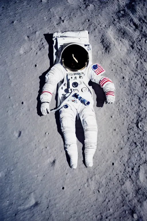 Image similar to afull body photography of an astronaut on the surface of the moon, bottom - view, focus on his foot, photography, photo - shot, shooting, cinematic lighting, 8 k
