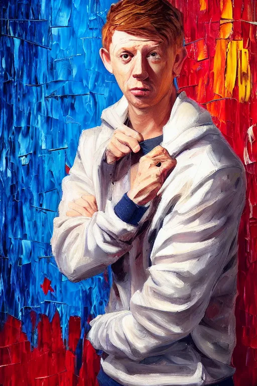 Prompt: palette knife oil painting portrait of carter, a weasley man in a tracksuit dealing drugs in a nightclub back room, artstation trending, artgerm, any racial background, deviant art, hipster, octane, substance, art history 8 k