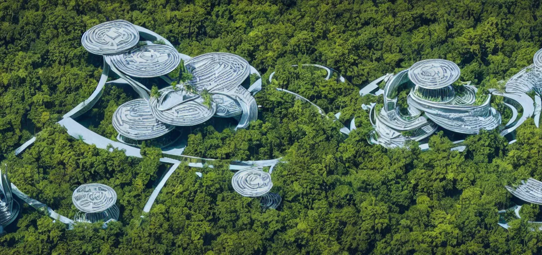 Prompt: photography of a futuristic landscape of a solarpunk city in the middle of the jungle designed by alvar aalto and taras shevchenko and le corbusier, dslr, 1 1 0 mm, sharp focus