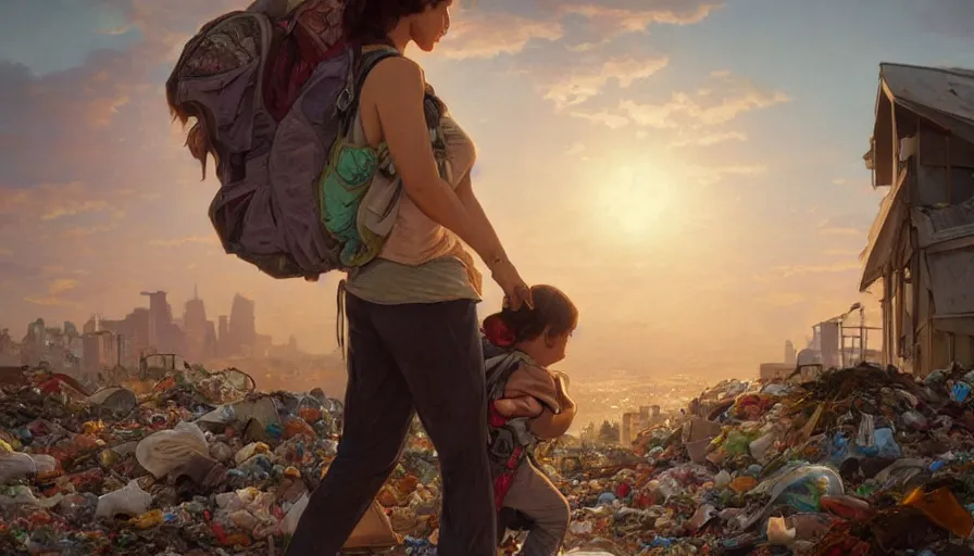 Prompt: poor detailed mom with child with backpack looking for food at garbage dump, city is pure wasteland, sunset in background, detailed characters, alphonse mucha, greg rutkowski, trending on artstation, artgerm, breathtaking, sharp focus, smooth, mark arian, award winning, highly detailed 4 k art