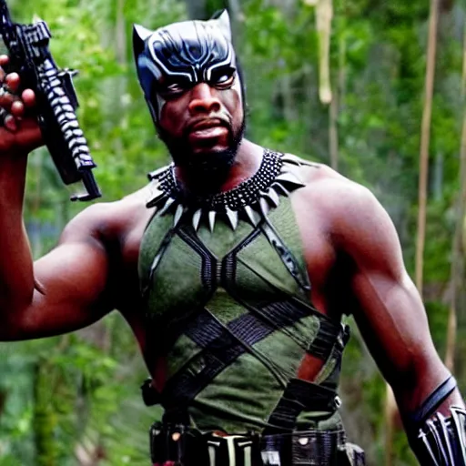 Image similar to cinematic still of kirk lazarus from tropic thunder as black panther