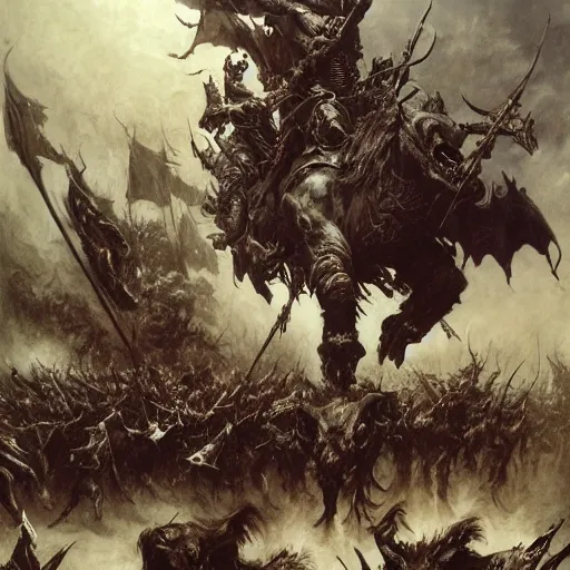 Image similar to an army of undead riding beasts with flag bearers and trumpeters, intricate detail, royo, vallejo, frazetta, giger, whealan,