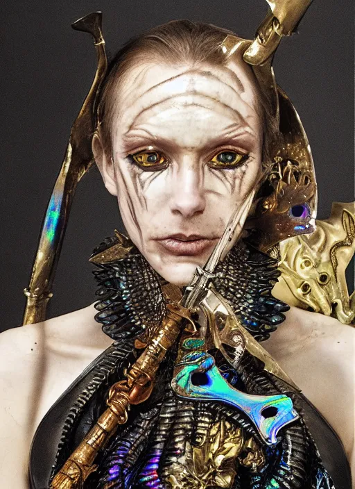 Image similar to a woman with iridescent skin, pirate weapons, by van herpen, iris