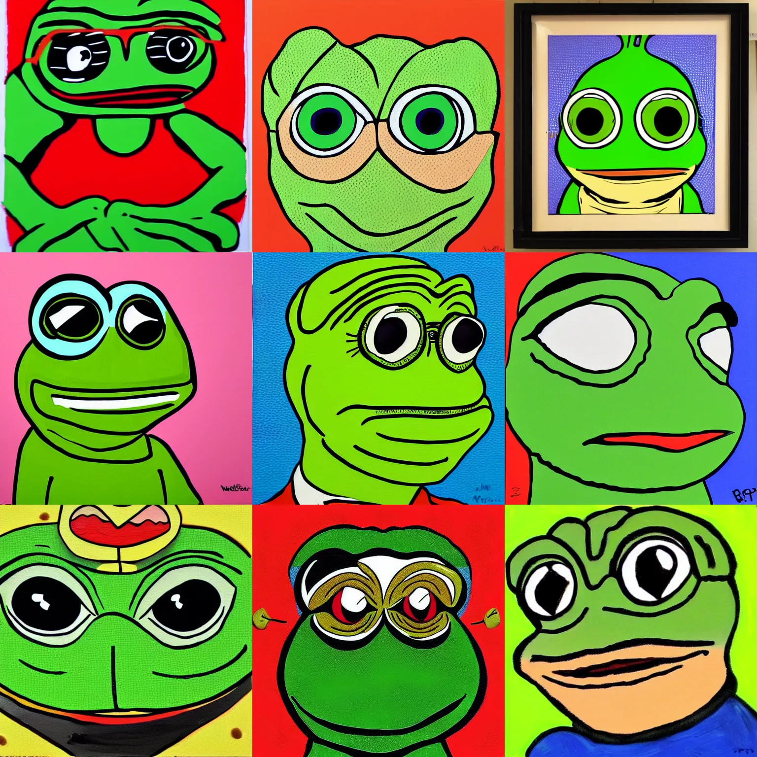 Prompt: pepe the frog,pop art painting by Walter Battiss,