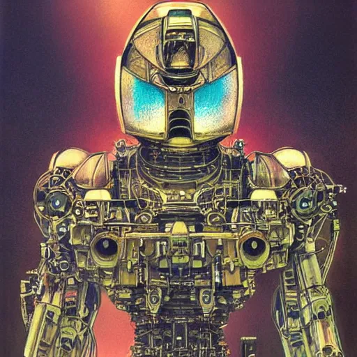 Image similar to simple concept art portrait of an intricately designed defense robot. an award winning yoshitaka amano poster. a masterpiece by james gurney. deep color.