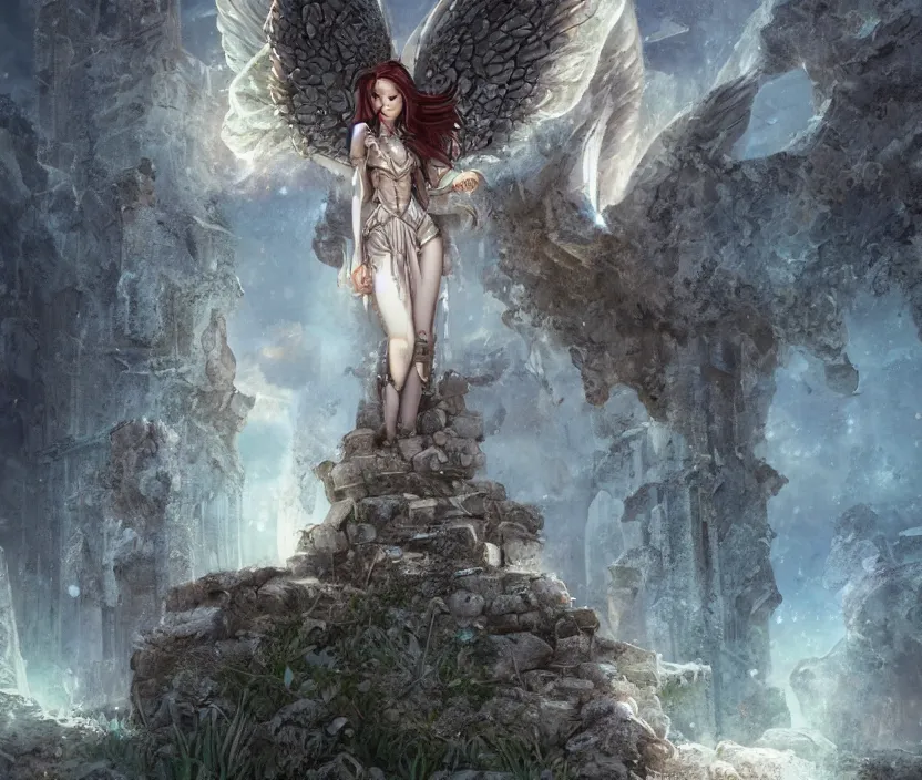 Image similar to Angel knight gothic girl on ancient ruins. By William-Adolphe Bouguerea, Jordan grimmer, fractal flame. Highly_detailded