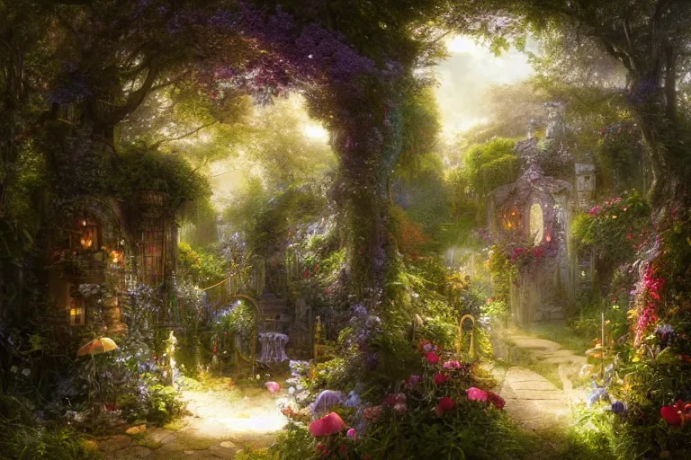 Image similar to gateway to fairyland, fireflies, mushrooms, multicoloured flowers, the secret garden. the hidden garden. private garden. andreas achenbach, artgerm, mikko lagerstedt, zack snyder, tokujin yoshioka