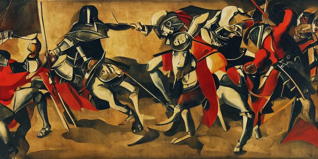 Prompt: italian futurism style painting of medieval knights dueling