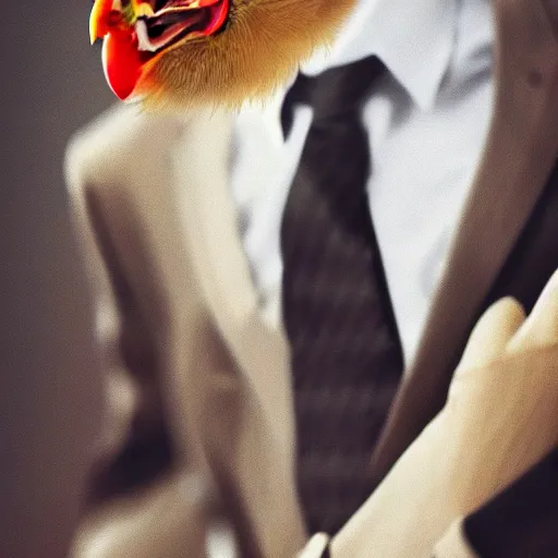 Image similar to a high quality photo of a chicken wearing a suit, 8k, digital art