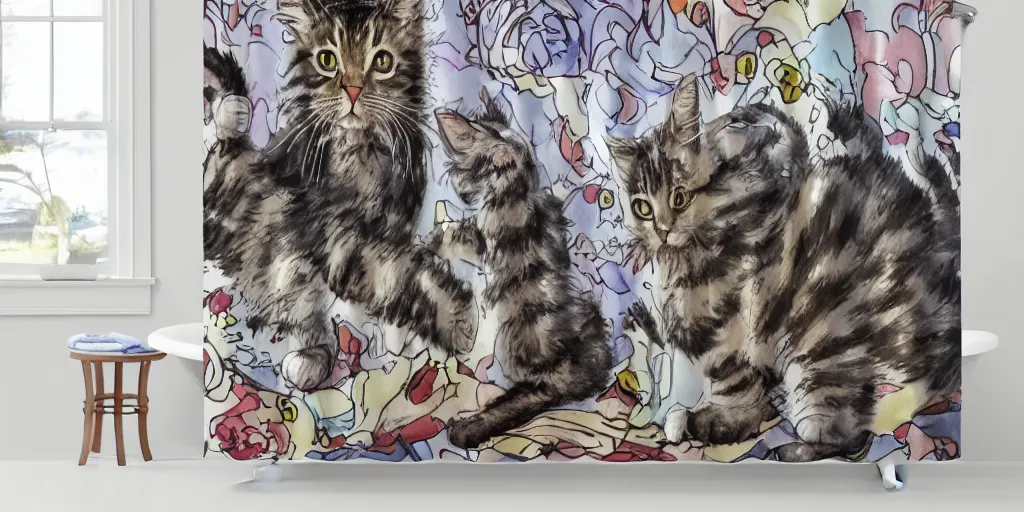 Image similar to shower curtain product catalog. wide - angle photo. on the curtain is a watercolor with ink under drawing of a low - angle hero - shot a cat toy being chased by a maine coon kitten. highly coherent, product photography of a shower curtain, product lighting. 4 k, highly detailed. saturated.