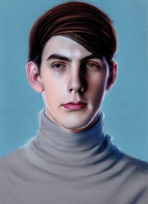 Image similar to portrait of teenage jughead jones wearing a light grey crown, crown, blue turtleneck, 1 9 5 0 s, closed eyes, photorealistic, black hair, glowing lighting, intricate, elegant, glowing lights, highly detailed, digital painting, artstation, concept art, smooth, sharp focus, illustration, art by wlop, mars ravelo and greg rutkowski