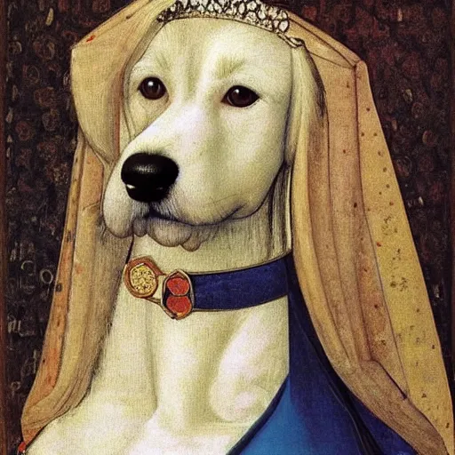 Image similar to portrait of a white labrododdle dog as an italian queen, painting by botticelli, 1 4 8 0 s