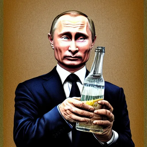 Image similar to putin holding a bottle of arak ayalim, cinematic, beautiful digital painting, hyper detailed