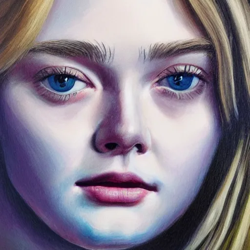 Prompt: professional painting of Elle Fanning in the style of Alan Bean, head and shoulders portrait, symmetrical facial features, smooth, sharp focus, illustration, intricate, stormy weather, extremely detailed masterpiece,