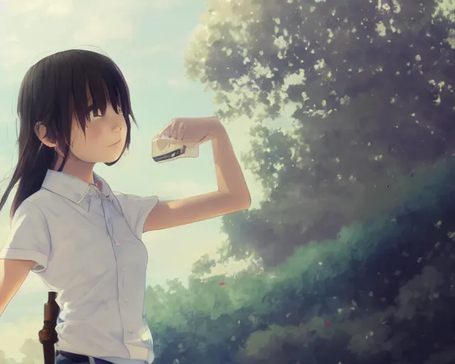 Image similar to teen looking at blue sky, wearing white shirt, back turned, looking up, illustration, by pine ( ハイネ ) and 薯 子 imoko and 香 川 悠 作 and wlop and maya takamura, highly detailed, trending artstation, pixiv, digital art