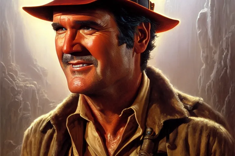 Prompt: portrait of bruce campbell as indiana jones in the temple of doom ( 1 9 8 4 ). oil painting elegant, highly detailed, centered, digital painting, artstation, concept art, smooth, sharp focus, illustration, artgerm, tomasz alen kopera, peter mohrbacher, donato giancola, joseph christian leyendecker, drew struzan