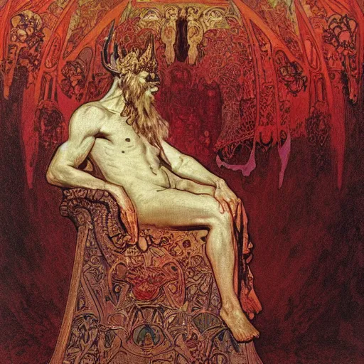 Prompt: greg davies sits on his throne as ruler of hell, oil on canvas, by alphonse mucha, gustave dore, zdzislaw beksinski