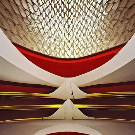 Prompt: interior foyer and staircase of a futuristic lotus temple with gold, red and white marble panels, in the desert, by buckminster fuller and syd mead, intricate contemporary architecture, photo journalism, photography, cinematic, national geographic photoshoot