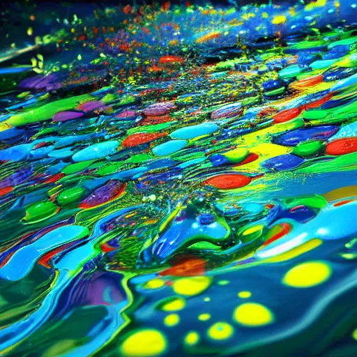 Prompt: colorful flowing liquid floating, splashing, mixing, close up, detailed, wet, glossy, unreal engine render, 3 d octane render, 8 k