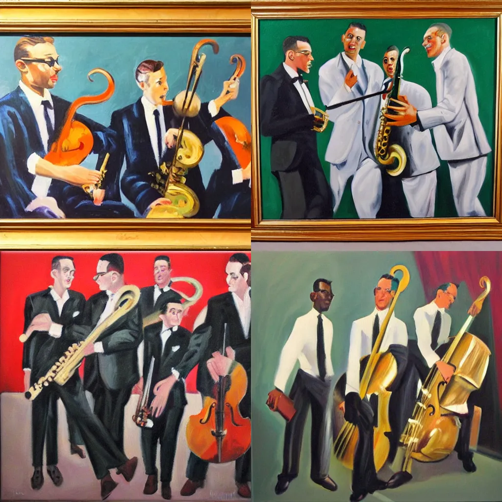 Prompt: oil painting of 1950s jazz quartet in style of paul wonner