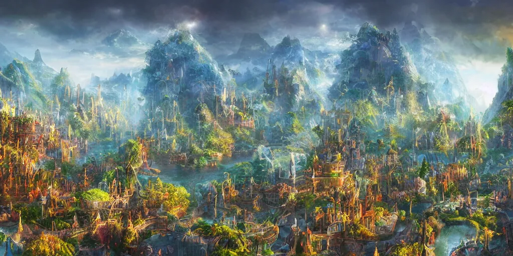 Prompt: City on Bird World, a bright fantasy world inhabited by anthropomorphic birds, a city built into giant trees with distant mountains, fantasy landscape, concept art, matte painting