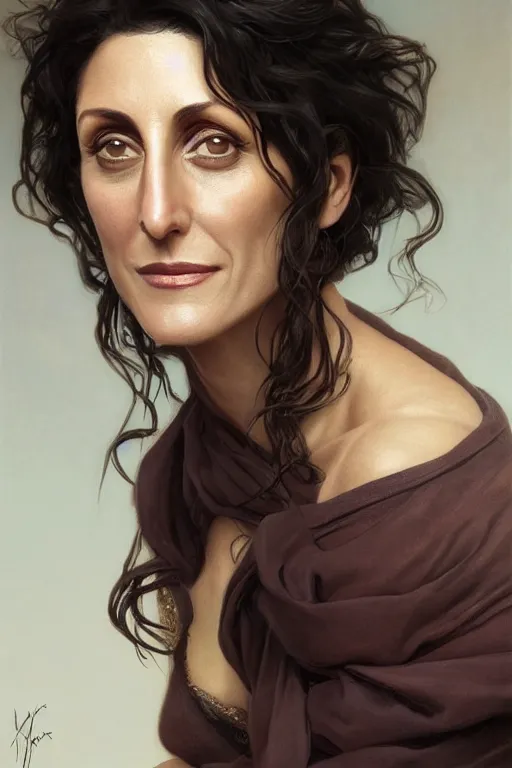 Image similar to painting of lisa edelstein,, ultra realistic, sharp details, subsurface scattering, intricate details, warm lighting, beautiful features, highly detailed, photorealistic, octane render, 8 k, unreal engine, art by artgerm and greg rutkowski and alphonse mucha