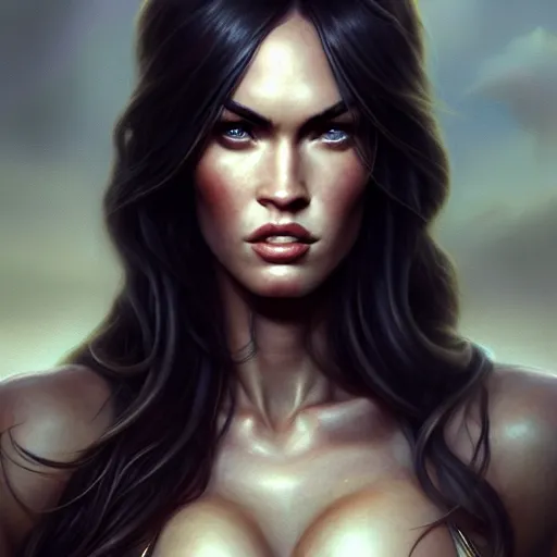 Image similar to portrait of megan fox, muscular upper body, fantasy, intricate, elegant, highly detailed, digital painting, artstation, concept art, matte, sharp focus, illustration, art by aenaluck and roberto ferri and greg rutkowski, epic fantasy, digital painting