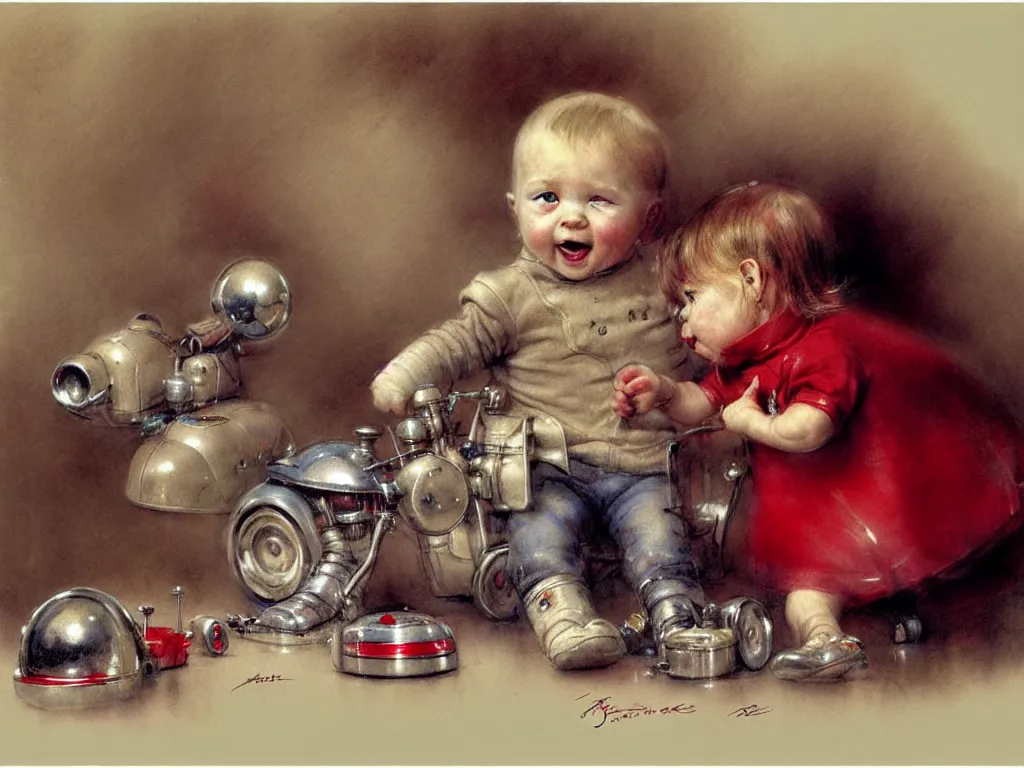 Image similar to toddler ( ( ( ( ( 2 0 2 2 retro future living room. muted colors. toys laying around ) ) ) ) ) by jean baptiste monge, chrome red, chrome silver