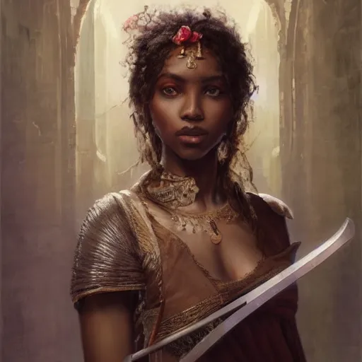 Prompt: artstation concept of a beautiful girl holding a sword in both hands, brown skin, symmetrical face, casual white garment, shiny colorful, hyperdetailed, artstation trending, world renowned artists, worth1000.com, historic artworks society, antique renewel, cgsociety, by greg rutkowski, by Gustave Dore, Deviantart