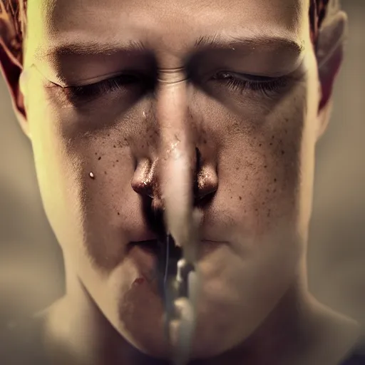 Image similar to angry zuckerberg with shotgun, extreme detail, studio light, photorealistic, gritty, movie still, cinematic, bruised face, soft focus, well edited, 8 k, atmospheric, dark, leather jacket