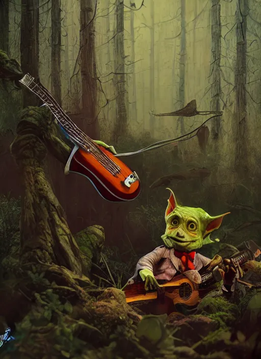 Prompt: a cute sharply dressed goblin playing a guitar, in the style of boris valejo and patrick woodroffe, fantastic, dramatic lighting, forest, hyperrealistic, detailed, octane render